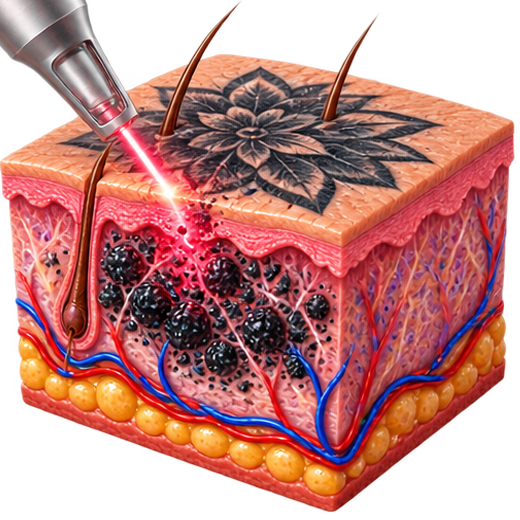 Laser energy targeting tattoo pigment beneath the skin during laser tattoo removal.