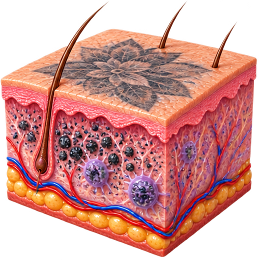 Tattoo ink broken into smaller pigment particles after laser treatment.