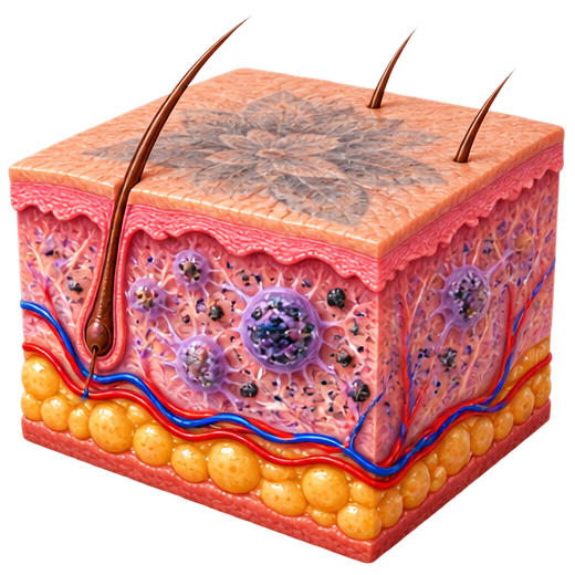 Fragmented tattoo pigment being gradually cleared from beneath the skin.