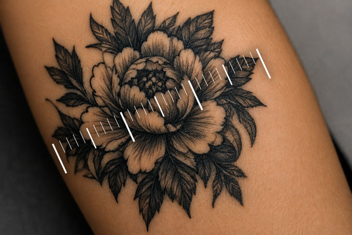 Close-up of a black floral tattoo on an arm with measurement lines showing the tattoo’s size.