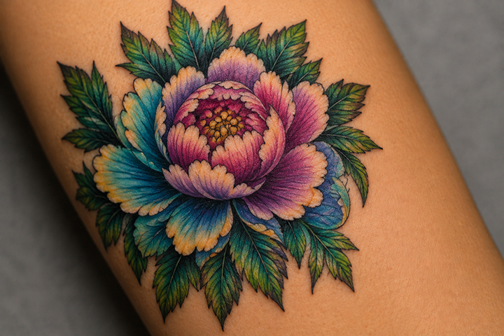 Close-up of a colorful floral tattoo with red, blue, purple and green ink on skin.