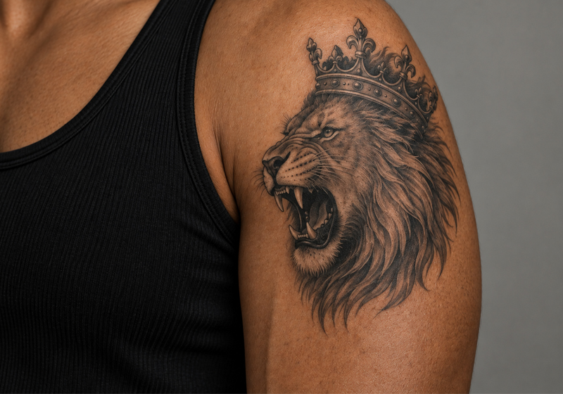 Large black and gray lion tattoo with crown on upper arm representing a large tattoo size