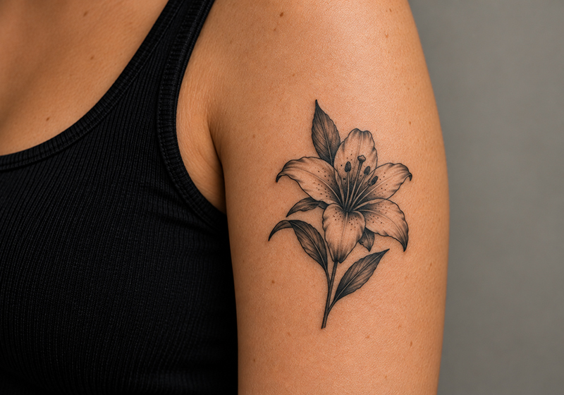 Black floral tattoo on upper arm representing a medium tattoo size