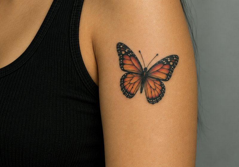 Color butterfly tattoo on upper arm representing a small tattoo size