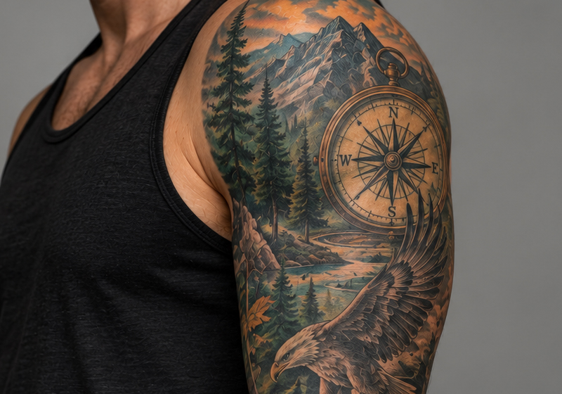 Large color sleeve tattoo with mountains, compass, forest, and eagle representing an X-large tattoo size