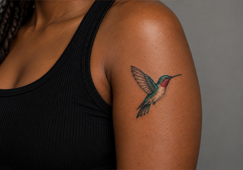 Small color hummingbird tattoo on upper arm representing an X-small tattoo size