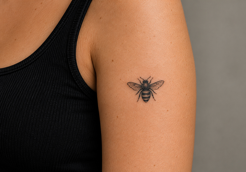 Small black bee tattoo on upper arm representing an XX-small tattoo size