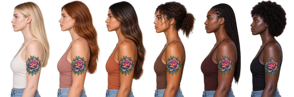 Six women with a range of skin tones shown in side profile with the same colorful flower tattoo on the upper arm.