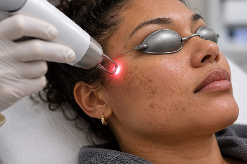 Young woman receiving PicoWay® laser treatment for acne scars on the cheek.