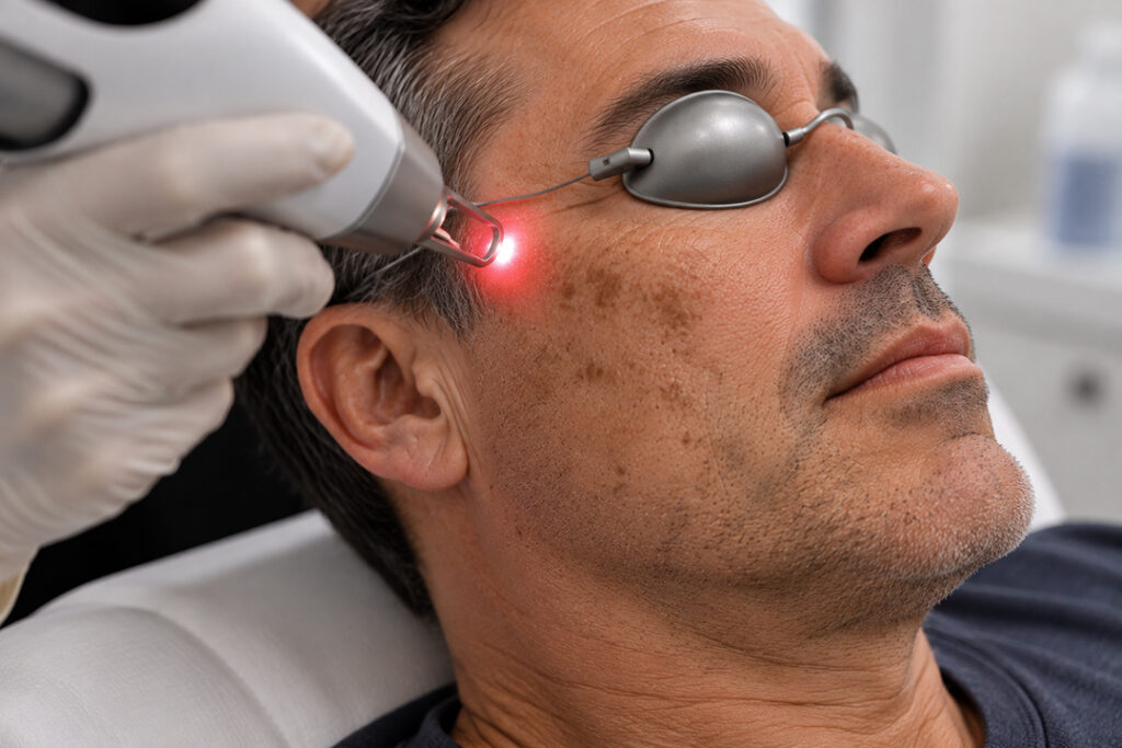 Man in his 40's receiving PicoWay® laser treatment Melasma and dark spots.