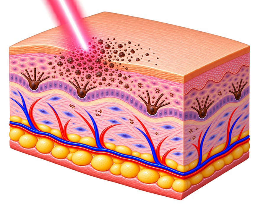 Conceptual illustration of laser energy targeting pigment beneath the skin’s surface