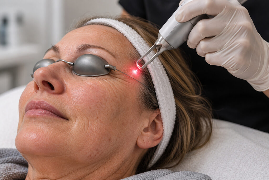 Woman in her 50's receiving PicoWay® laser treatment for wrinkles.